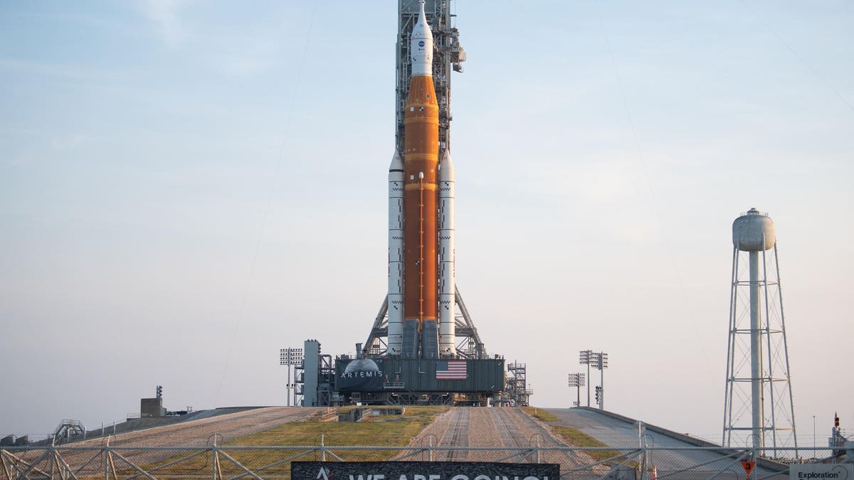 The integrated SLS rocket and Orion spacecraft for NASA's Artemis I mission is stationed at the launchpad.