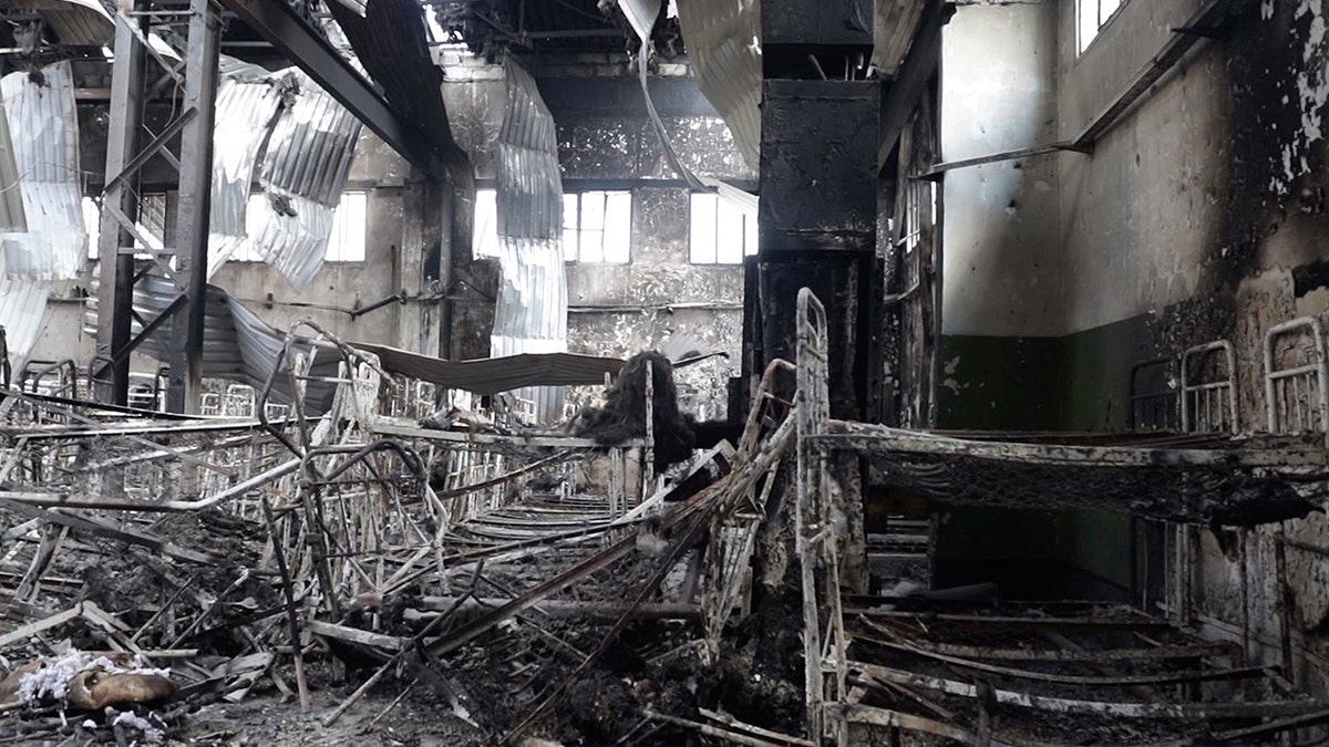 A photo showing a destroyed barrack at a prison in Olenivka