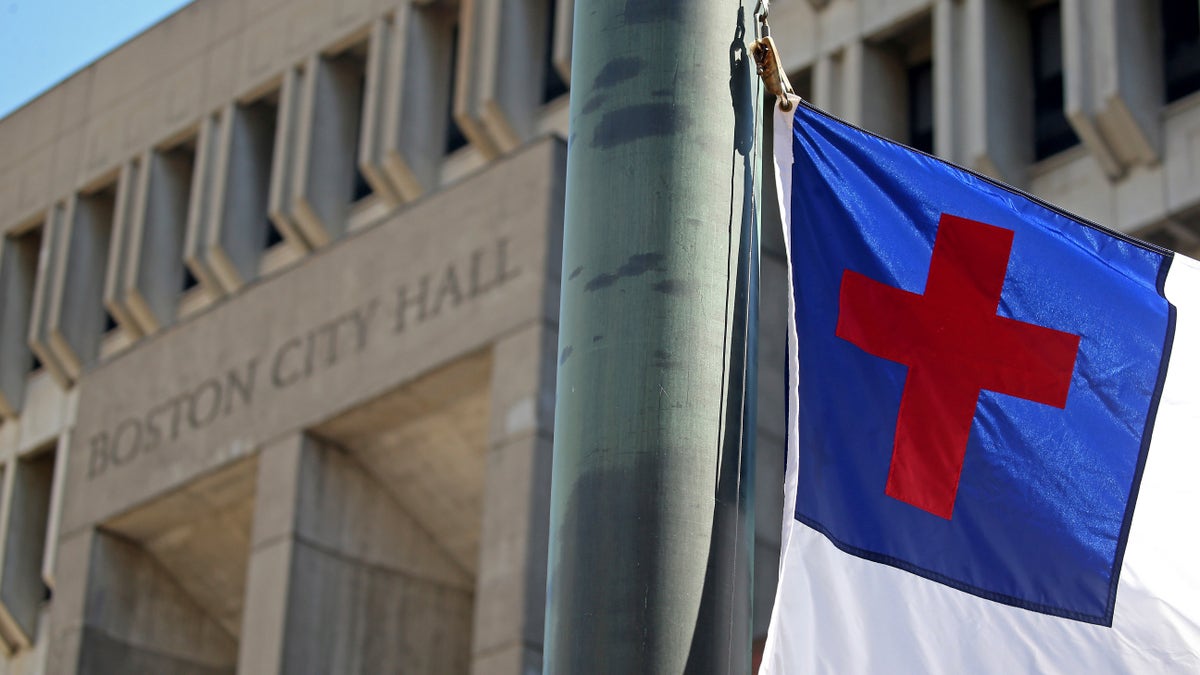 The Christian Flag is raised at City Hall Plaza