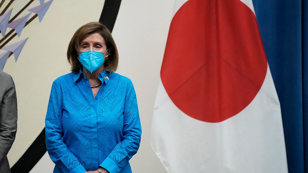 A photo of Nancy Pelosi standing in front of Japan's national flag