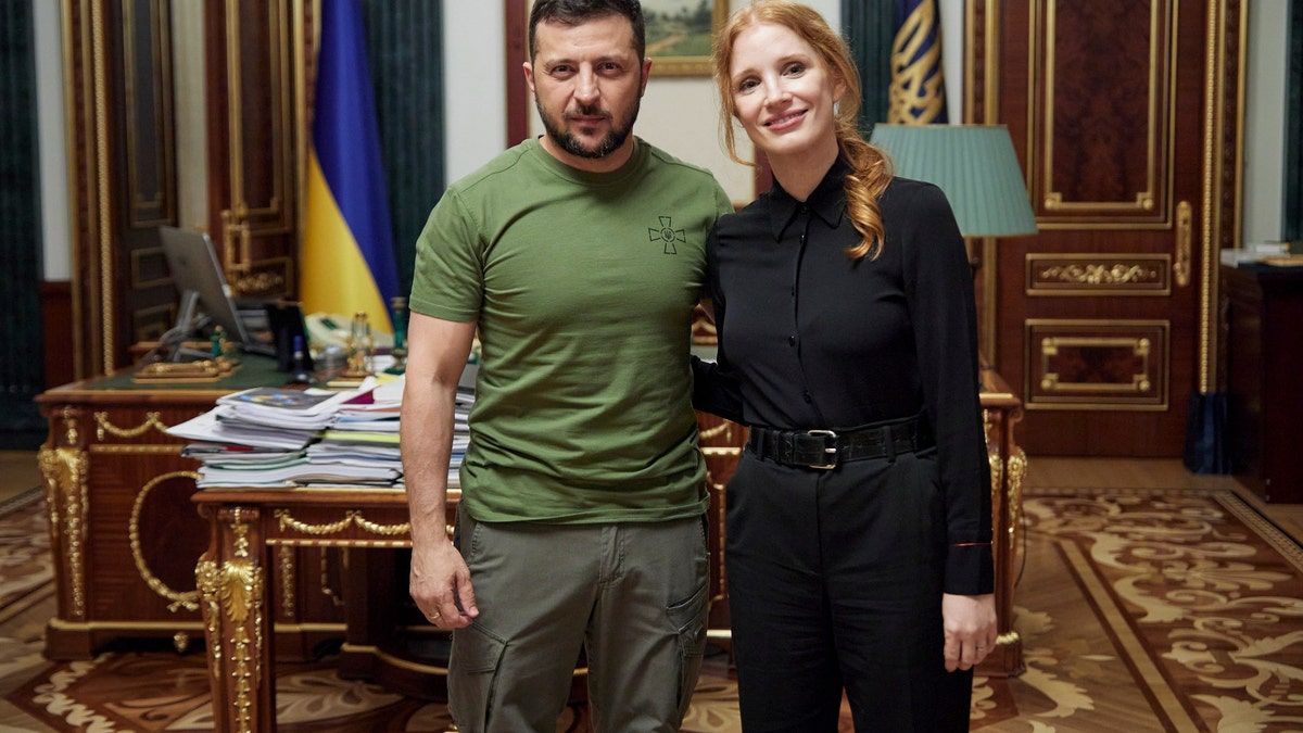 Volodymyr Zelenskyy and Jessica Chastain smiling in a photo