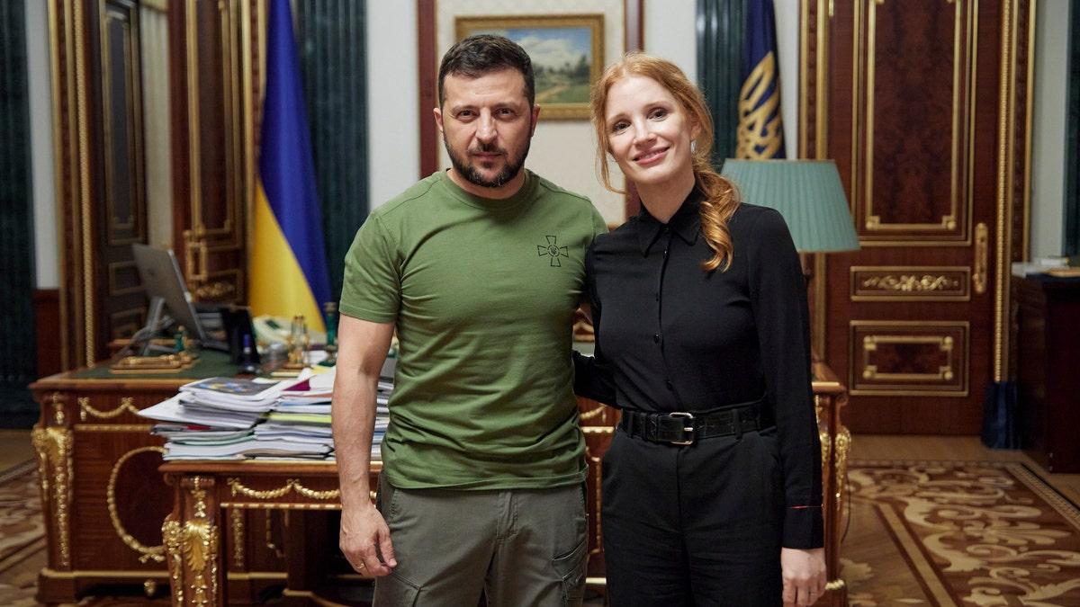 Volodymyr Zelenskyy and Jessica Chastain smiling in a photo