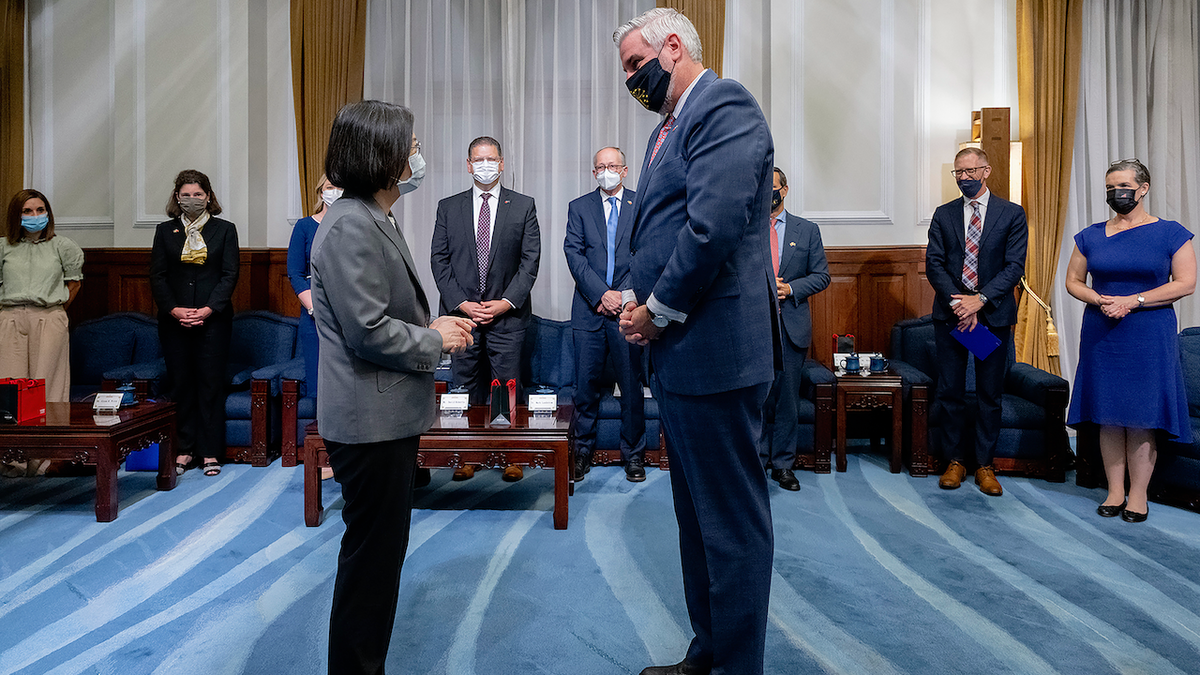 Eric Holcomb speaking to Taiwan's leader
