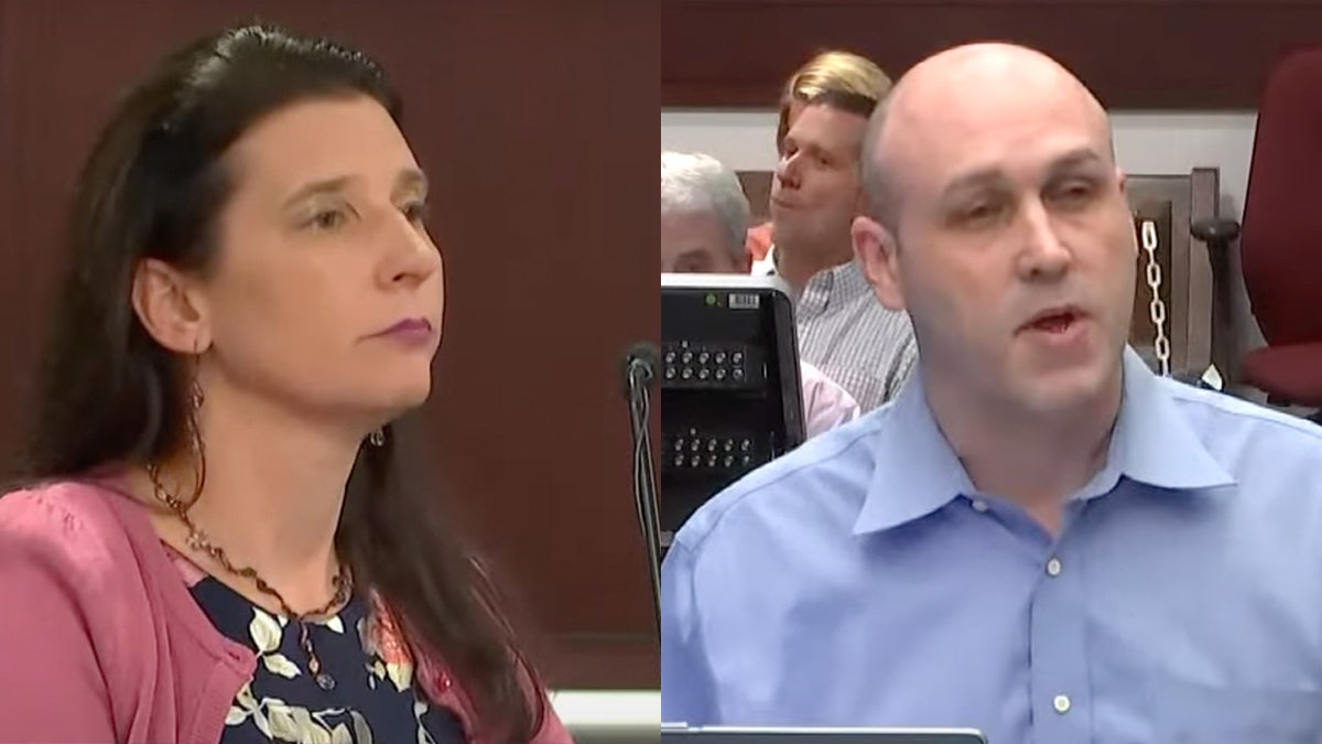 A photo combination of Alisa Mathewson on the stand, left, as her ex-husband, Trevor Summers, cross-examines her 