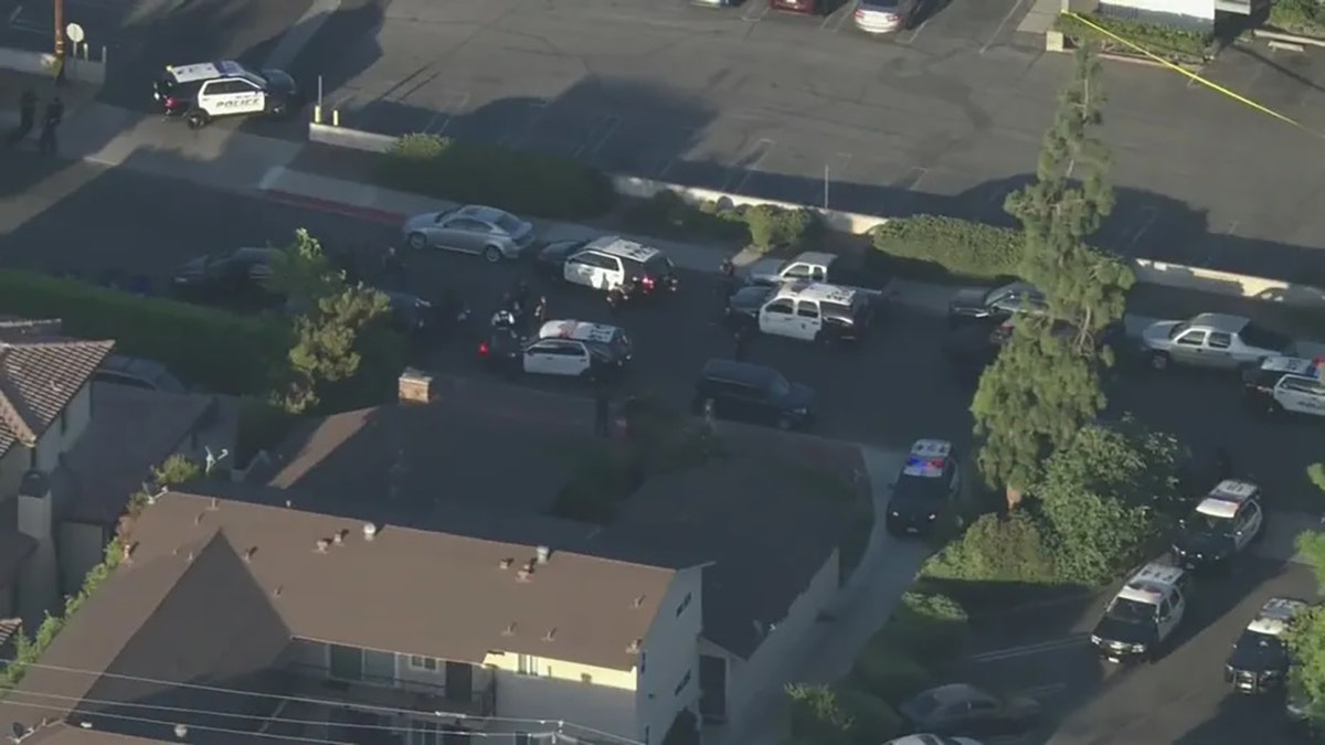 An aerial photo of police cars outside of the Arcadia home