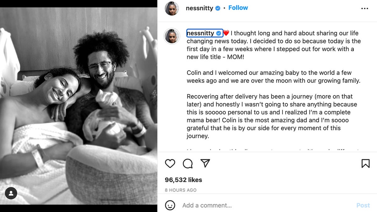 Colin Kaepernick and girlfriend Nessa Diab holding their baby