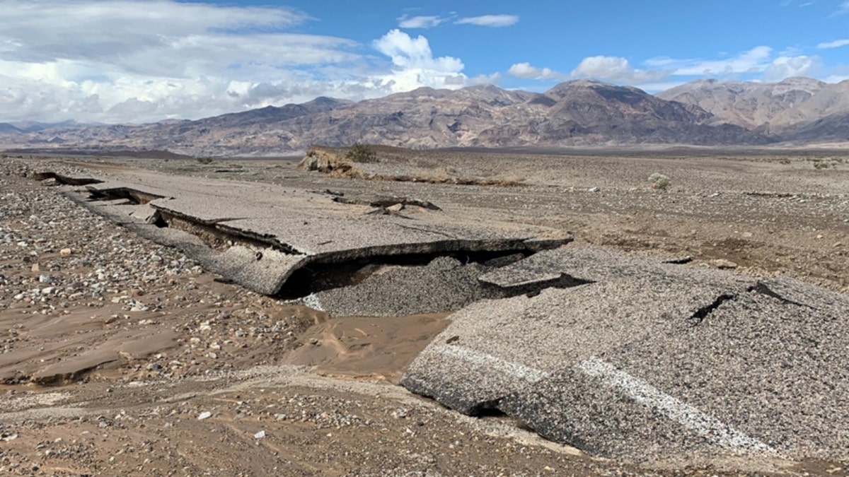 Road damage flash flooding in Death Valley