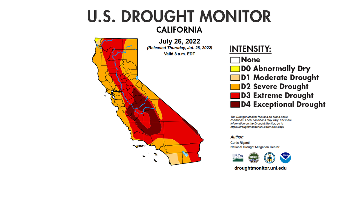 Map showing levels of drought in California