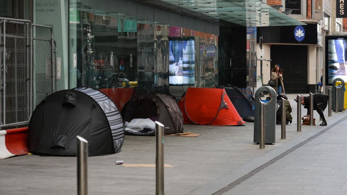 Tents line the street of Dublin, Ireland during COVID-19 lockdowns in 2021