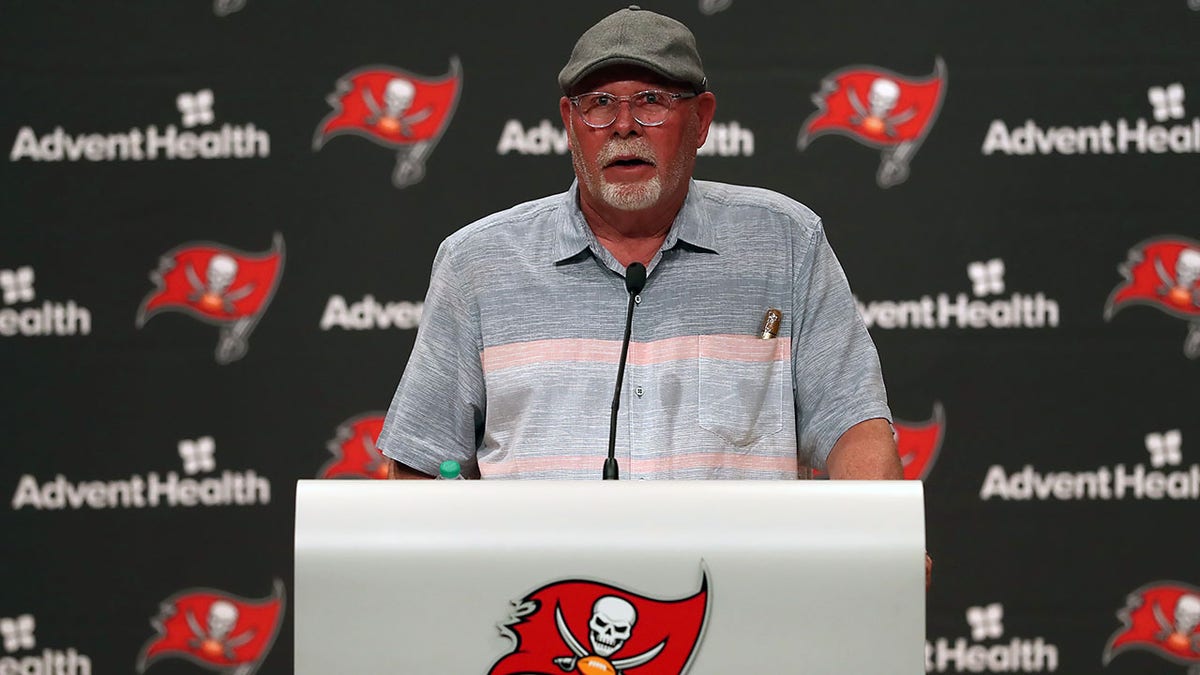 Bruce Arians speaks at the press conference introducing Todd Bowles