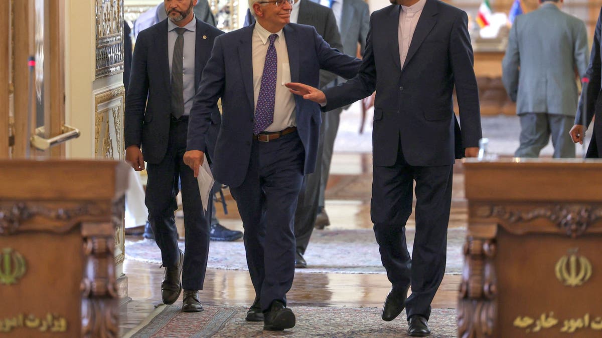 Josep Borell and Iranian FM Hossein Amir-Abdollahian enter a hallway in suits