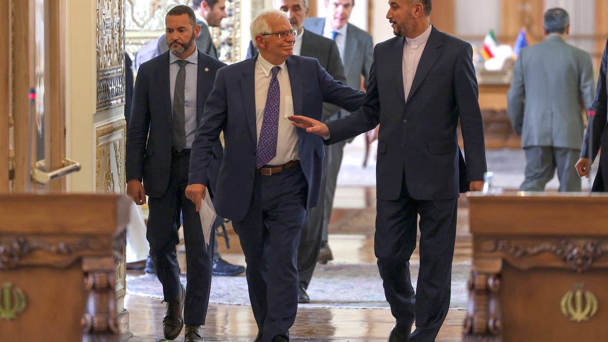 Josep Borell and Iranian FM Hossein Amir-Abdollahian enter a hallway in suits