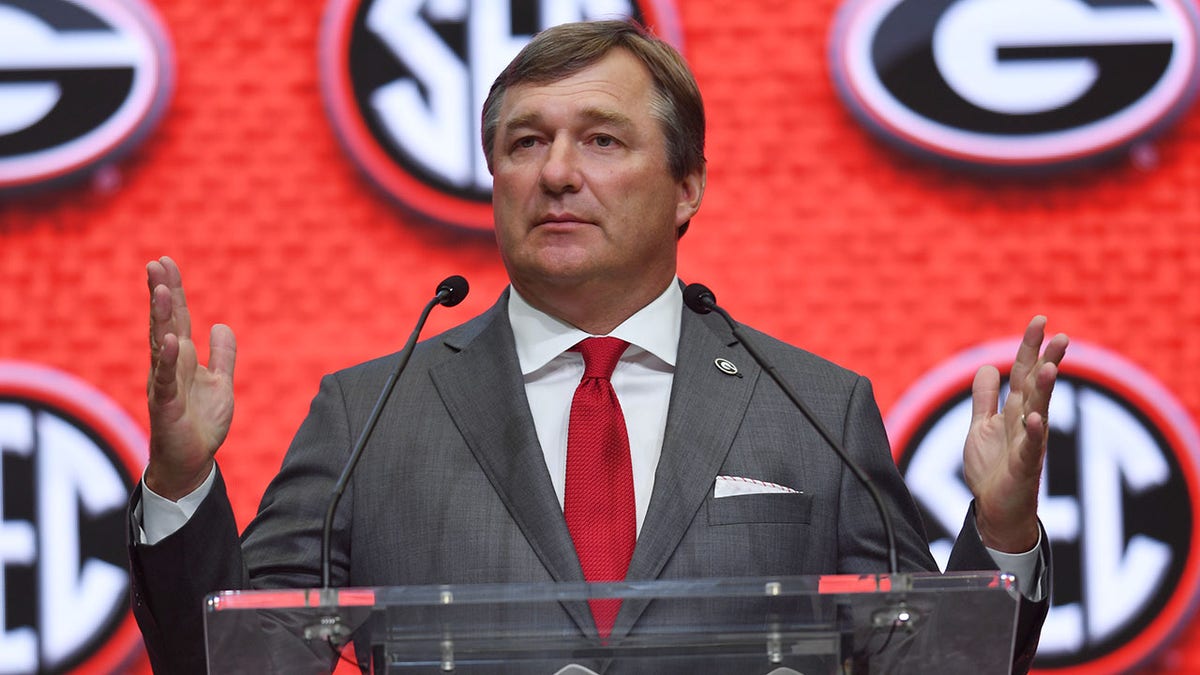 Kirby Smart speaks to the media at SEC Media Days