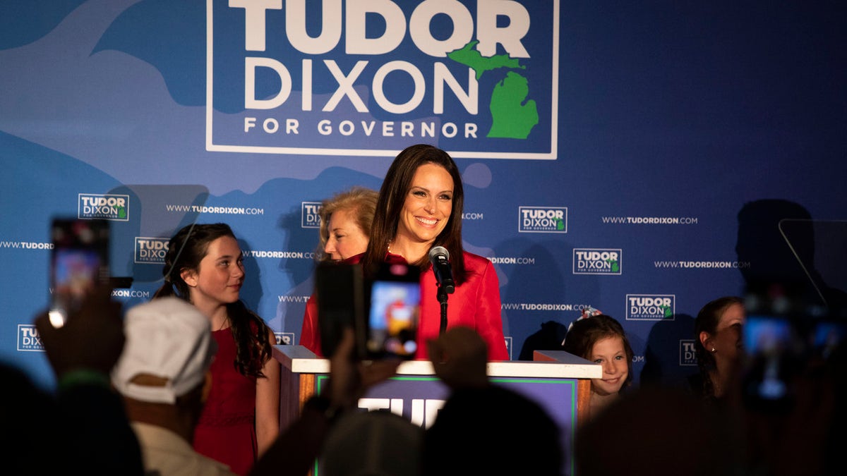 Michigan Republican gubernatorial candidate Tudor Dixon speaks at her primary election night party