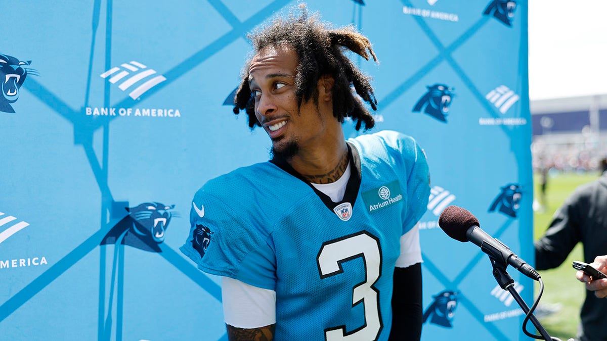 Panthers WR Robbie Anderson speaks to the media