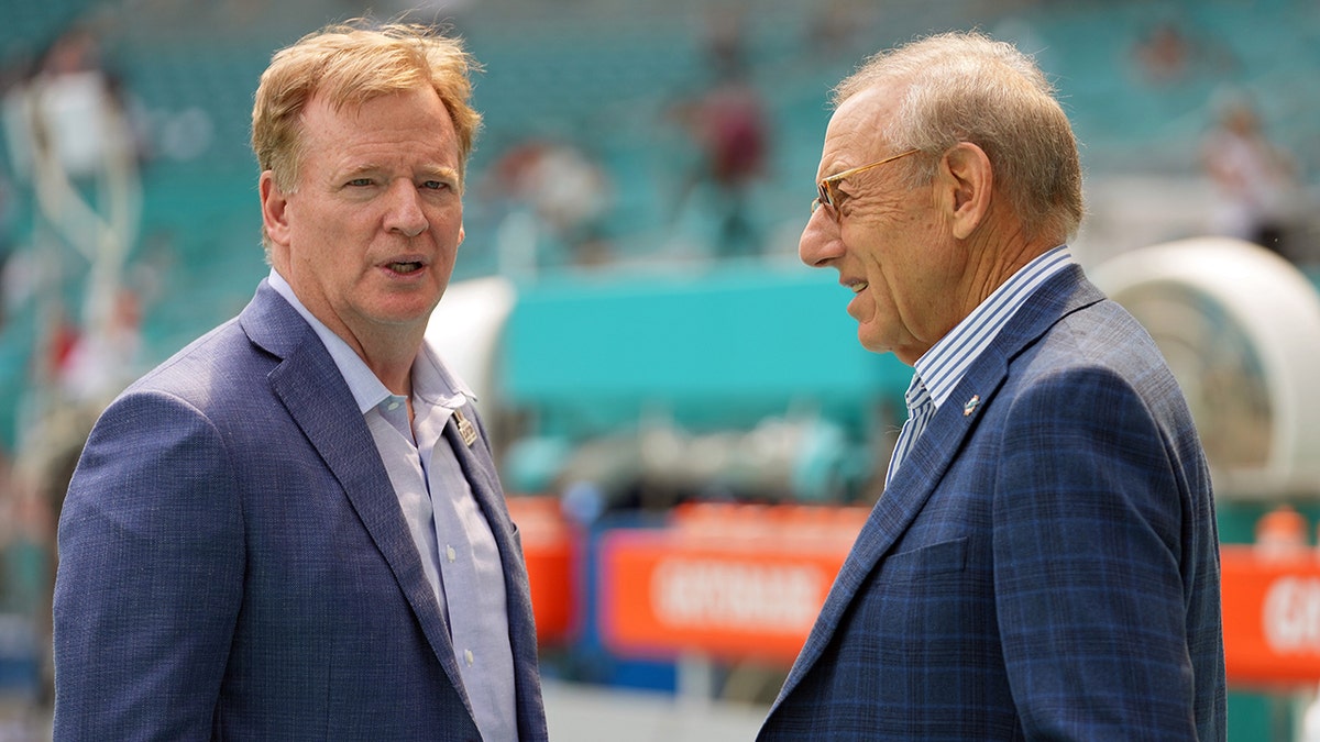 Roger Goodell speaks with Stephen Ross