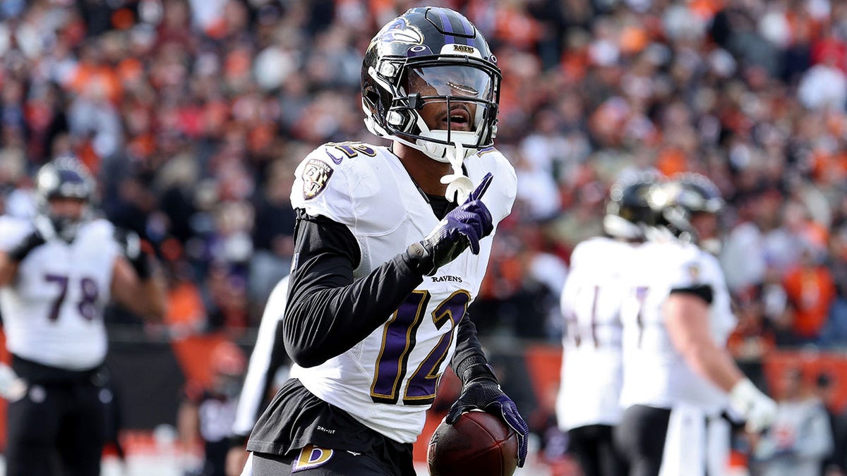 Ravens wide receiver Rashod Bateman celebrates a touchdown