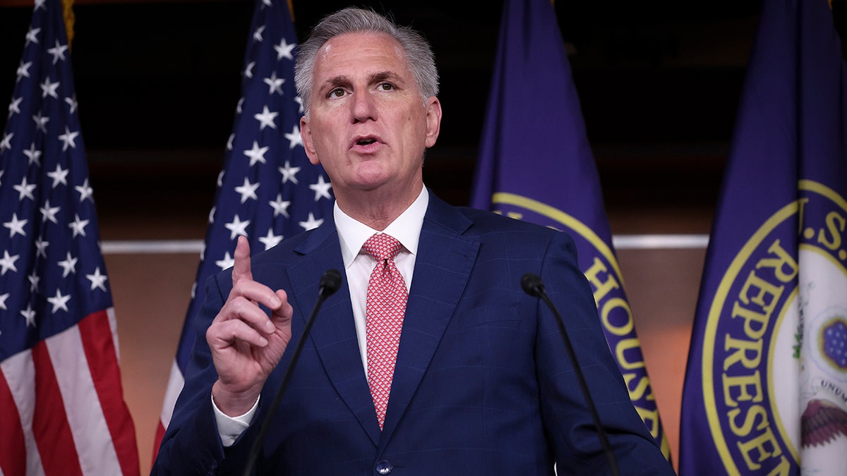 A photo of Kevin McCarthy pointing while speaking