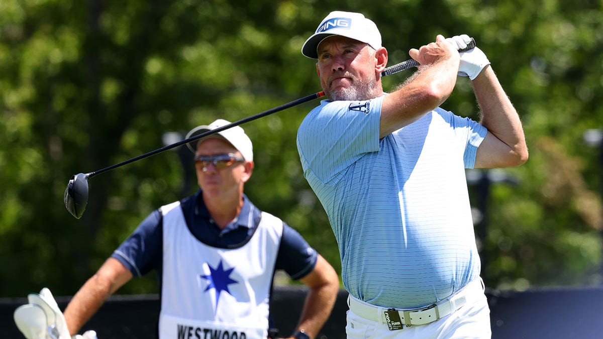 Lee Westwood tees off