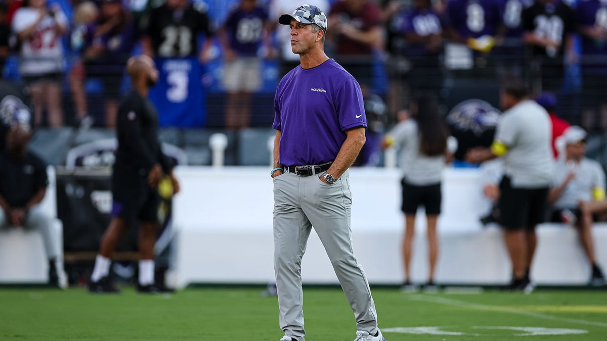 Ravens head coach John Harbaugh before preseason game