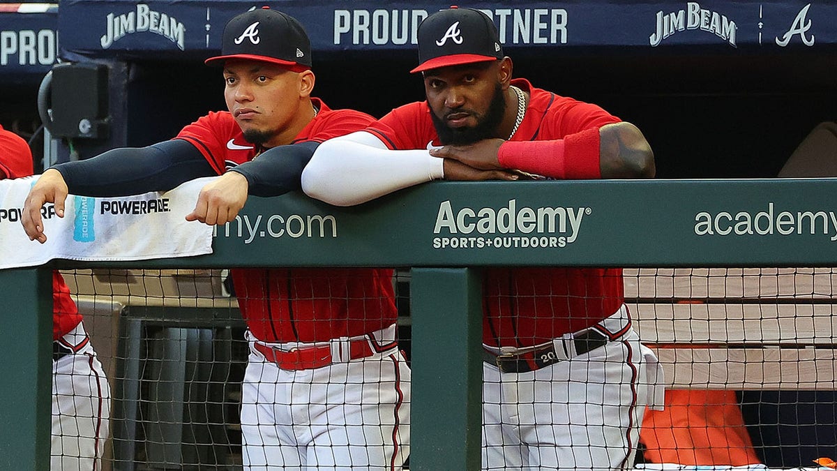 Marcell Ozuna of the Braves looks on from the dugout