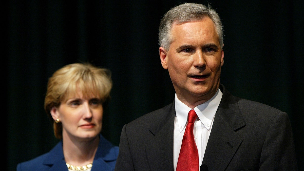 Tom McClintock's wife looks on during press conference