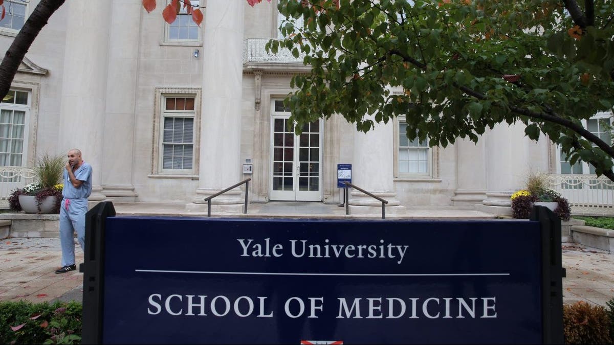 Sign out front of the Yale School of Medicine building in New Haven, CT