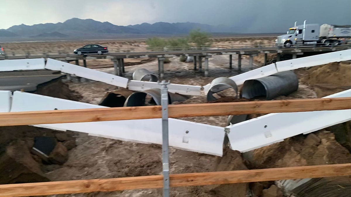 Monsoonal thunderstorms damages desert highway I-10 in Southern California 