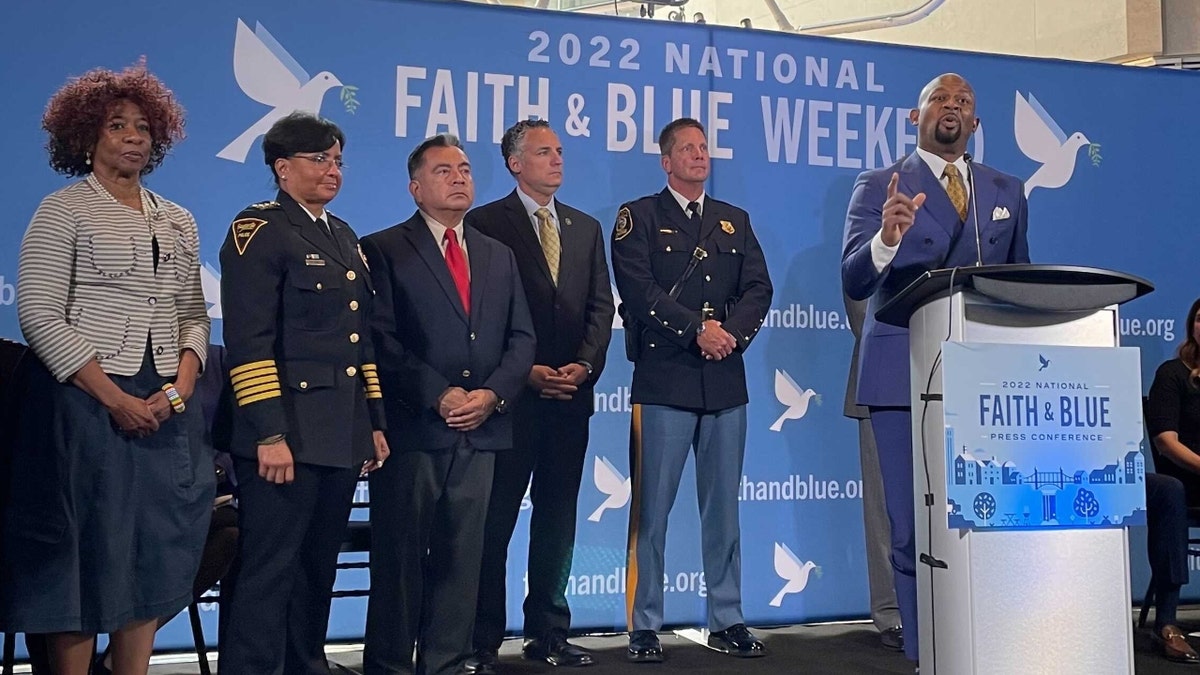 Rev. Markel Hutchins at the Faith & Blue press conference on Aug. 9, 2022