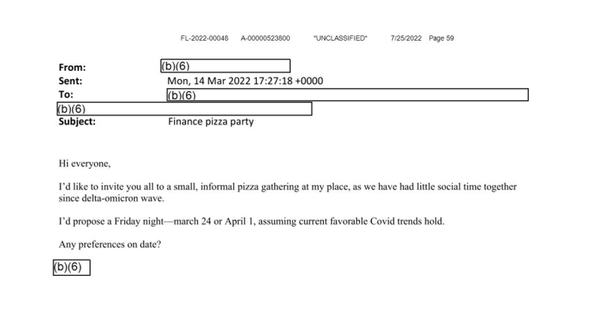 FOIAed email from the office of U.S. climate envoy John Kerry about a "finance pizza party" with both the sender's and recipients' names and emails redacted. (Screenshot of documents received courtesy of Protect the Public's Trust)