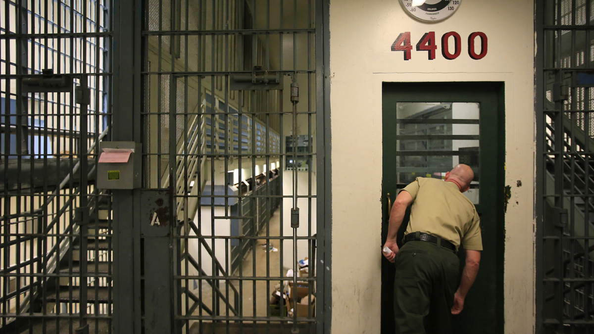 A sheriff's deputy peers into a cell at the Men's Central Jail in Los Angeles