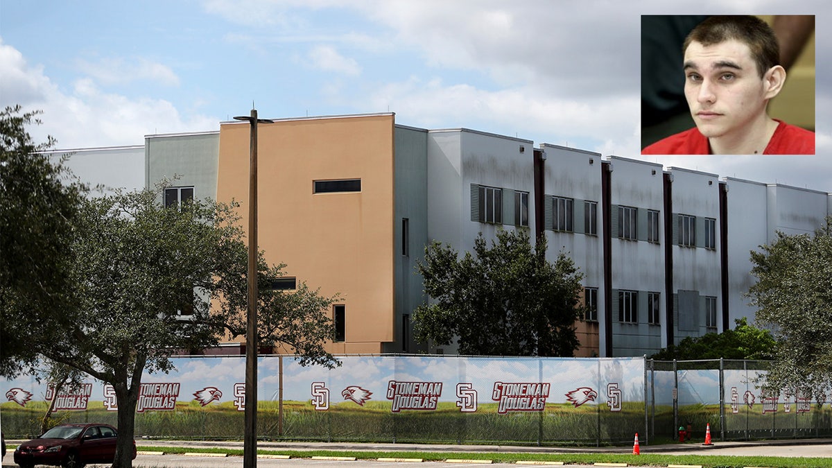 Marjory Stoneman Douglas High School building with a photo of Nikolas Cruz superimposed