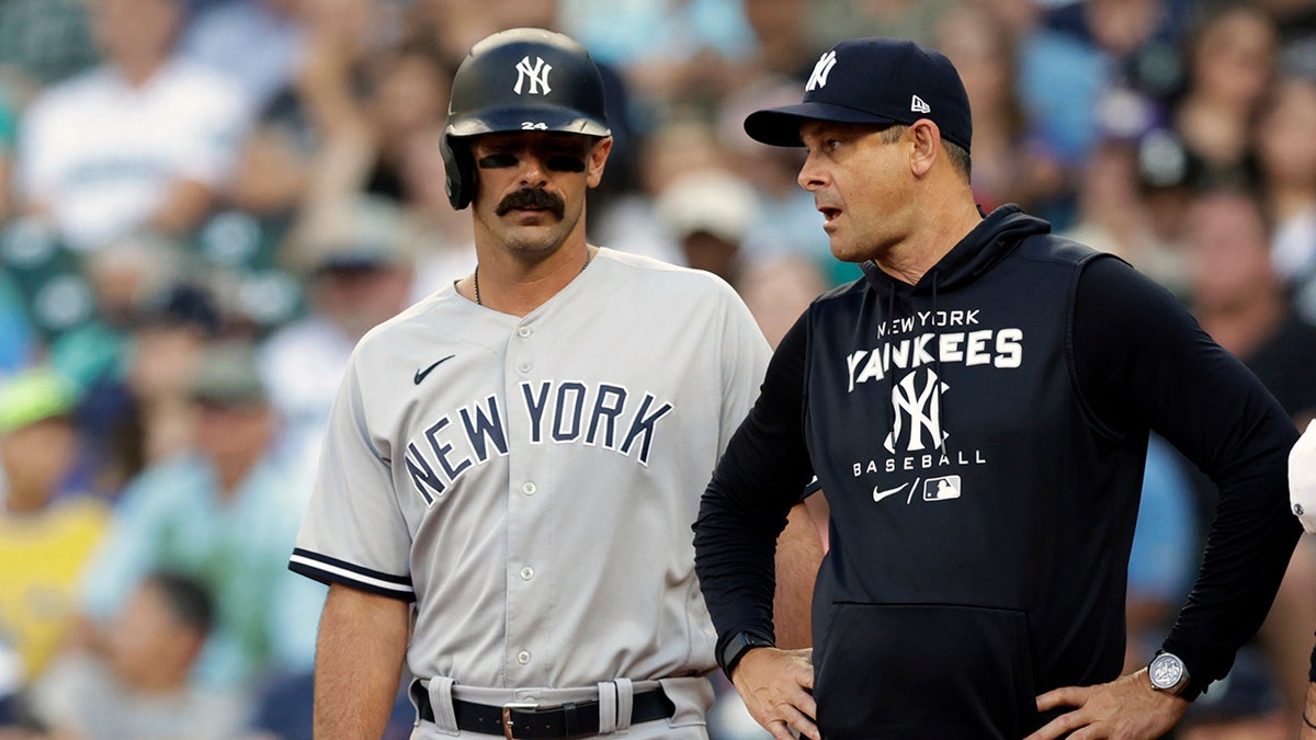 Matt Carpenter talks with Aaron Boone