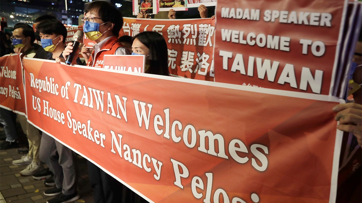 Signs welcoming House Speaker Nancy Pelosi to Taiwan are seen in Taipei