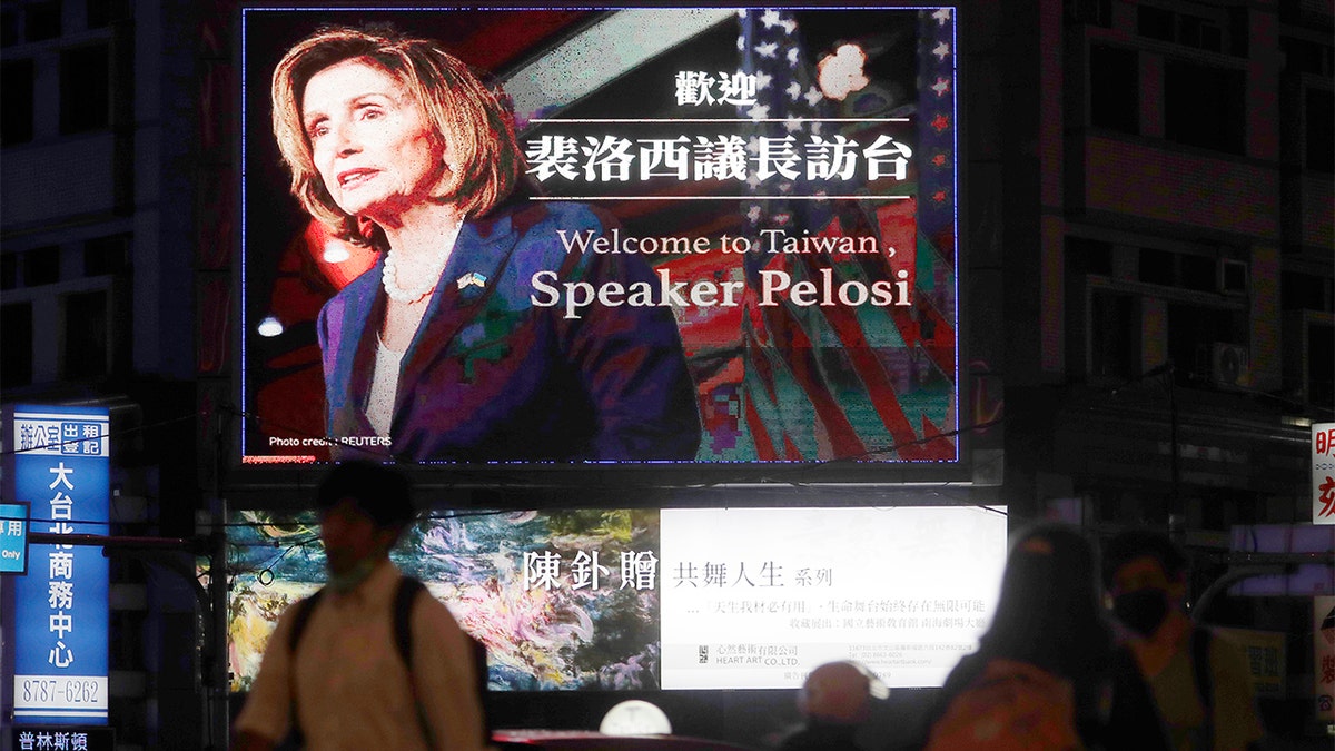 A sign welcoming House Speaker Nancy Pelosi to Taiwan is seen in Taipei