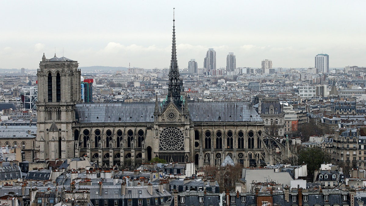 Wide shot of Notre Dame Cathedral 