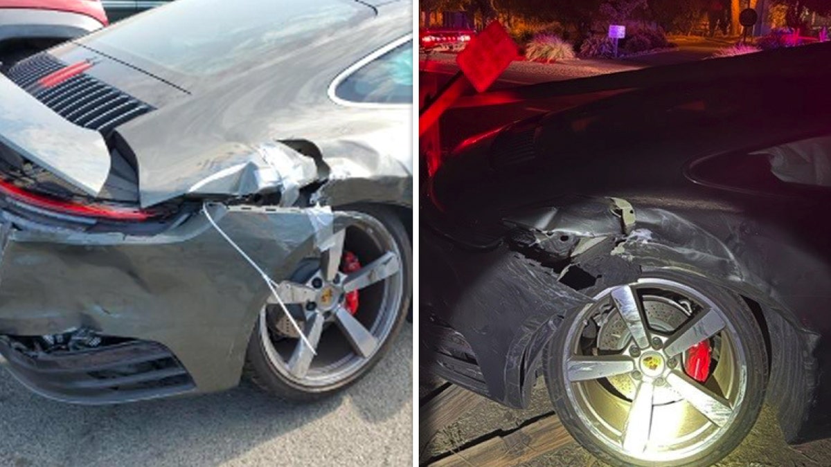 Photos from the scene and an online auction show similar damage to the side and rear quarterpanels of a 2021 Porsche