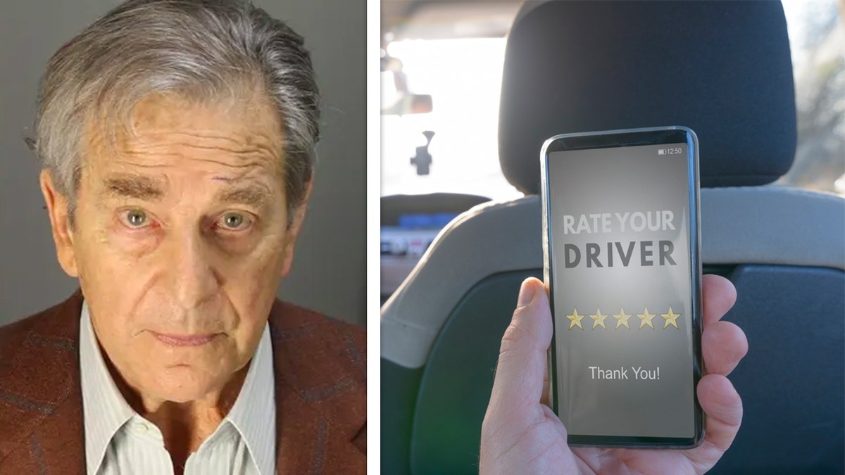 Paul Pelosi mugshot on left, ride-sharing app on right