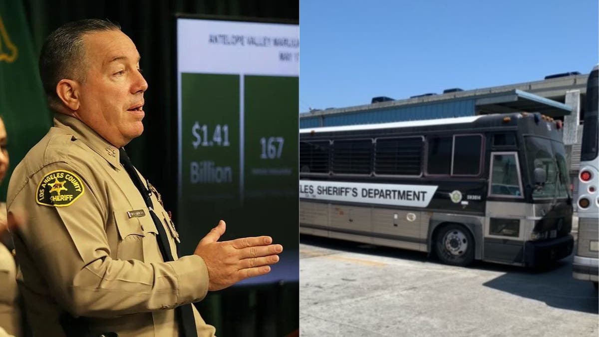 LA County Sheriff Alex Villanueva combined with a photo of a prisoner transport bus