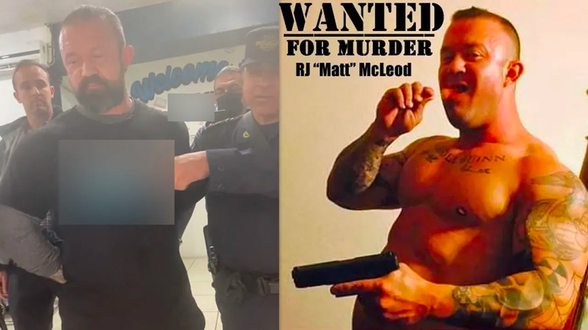 RJ McLeod upon his arrest and posing with a gun in a split photo