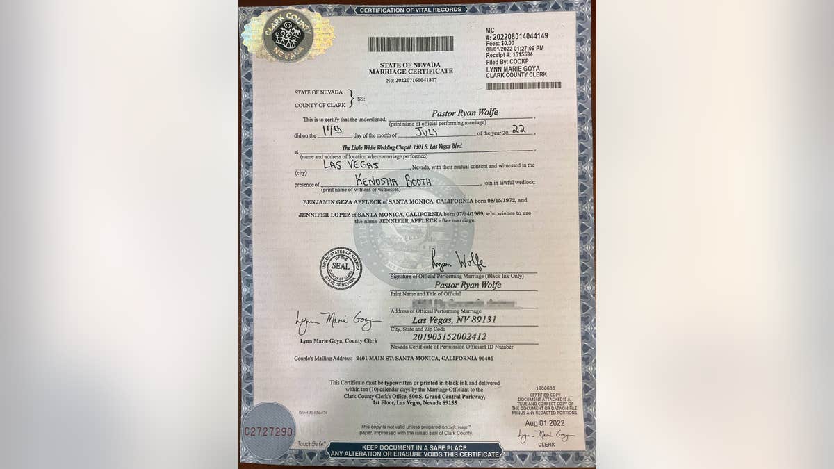 Ben Affleck and Jennifer Lopez' marriage certificate