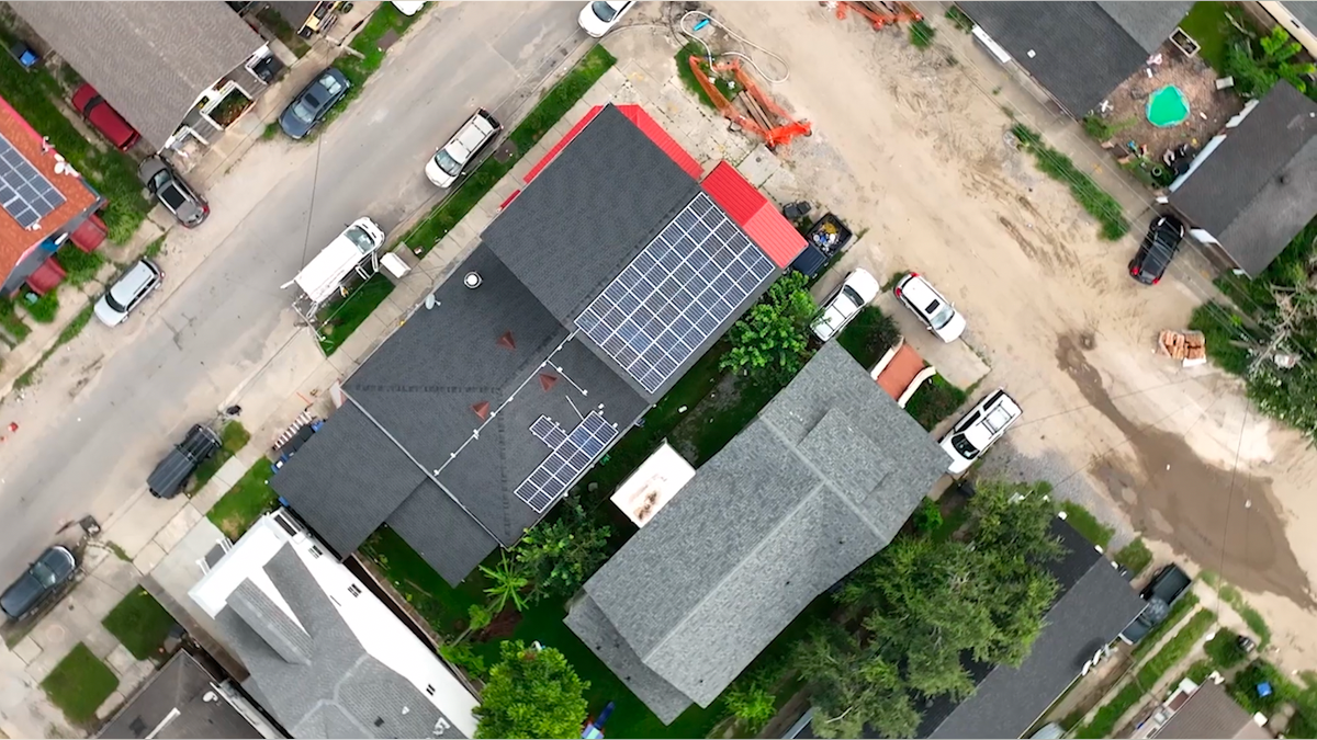 Bird's eye view of solar panels on the roof of the restaurant