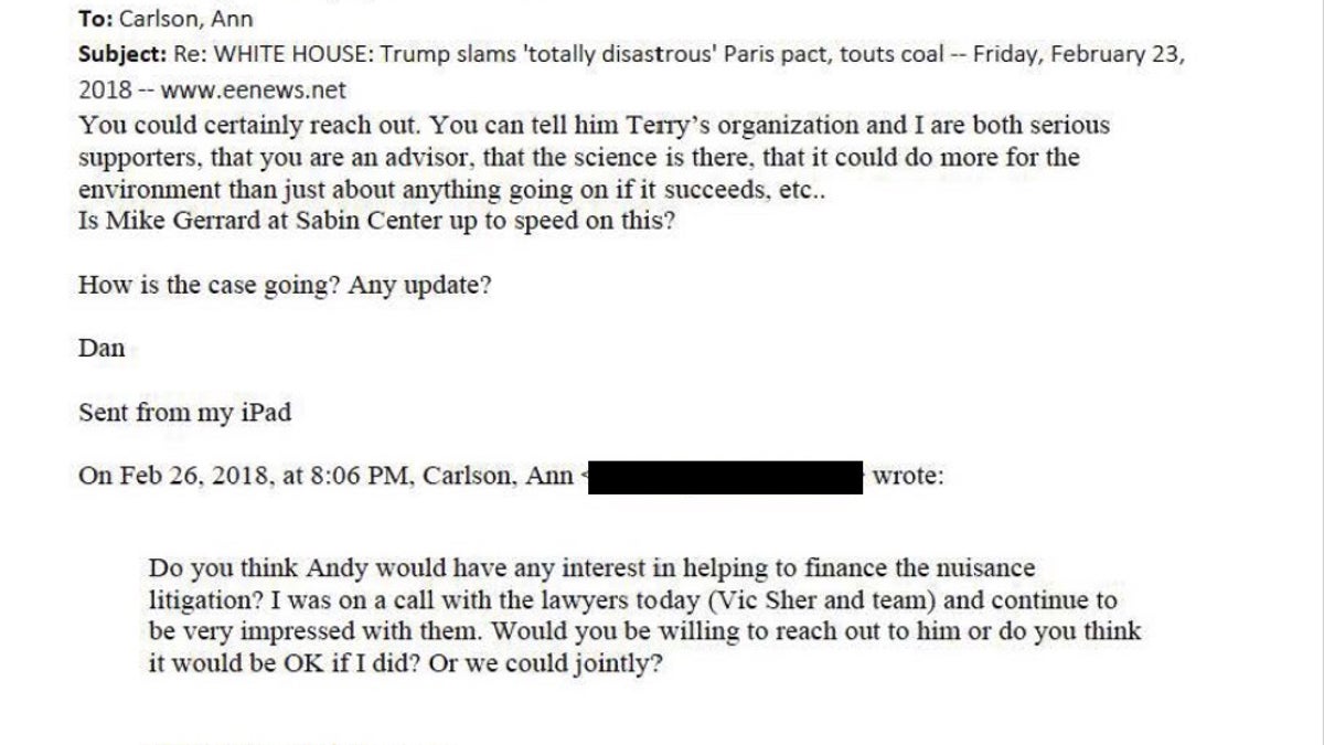 Dan Emmett emails Ann Carlson, saying she can mention to prospective donors that he and the Leonardo DiCaprio Foundation, at the time led by CEO Terry Tamminen, are serious supporters of Sher Edling's litigation.