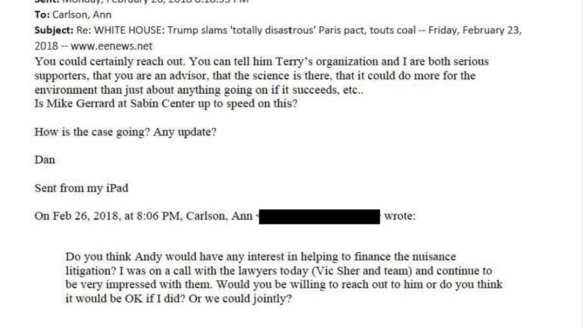 Dan Emmett emails Ann Carlson, saying she can mention to prospective donors that he and the Leonardo DiCaprio Foundation, at the time led by CEO Terry Tamminen, are serious supporters of Sher Edling's litigation.