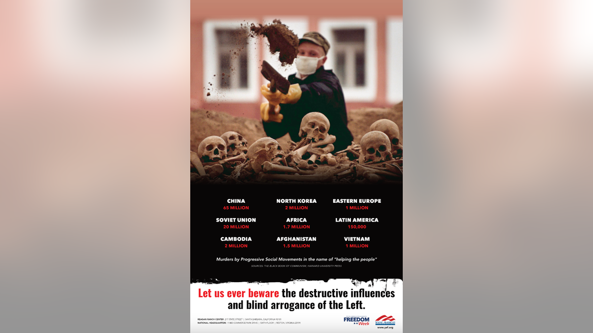 Flyer for YAF's Freedom week, showing man burying skull and bones