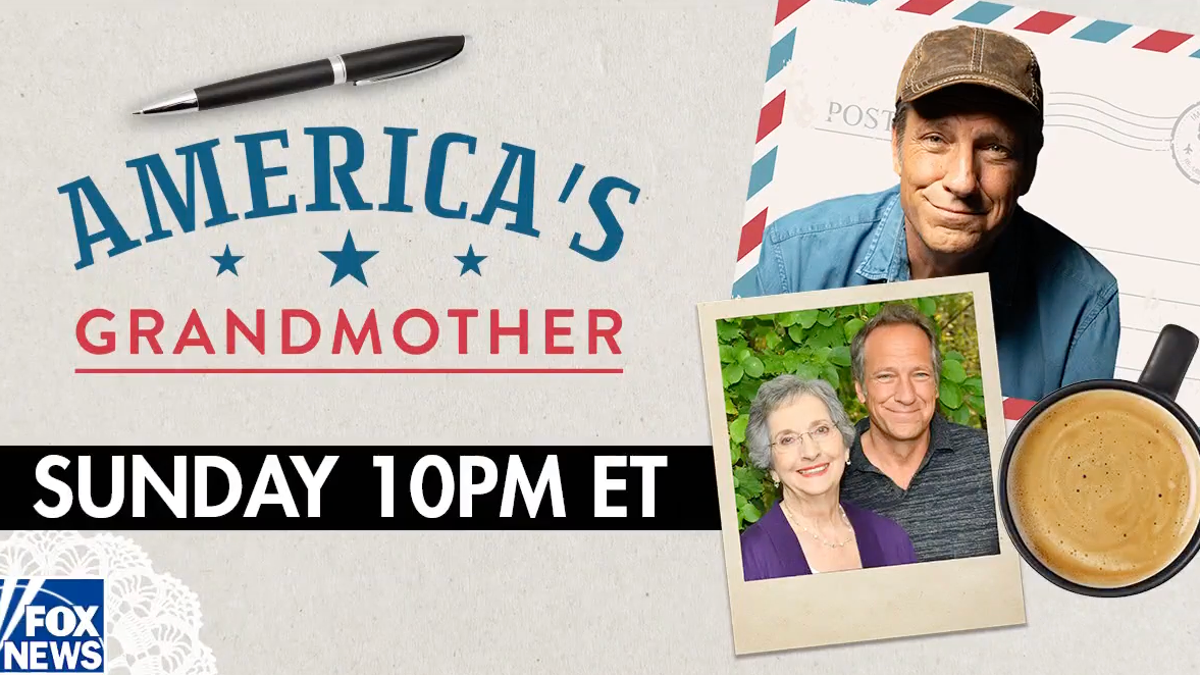America's Grandmother show graphic with image of Mike Rowe behind a photo of Peggy and Mike Rowe
