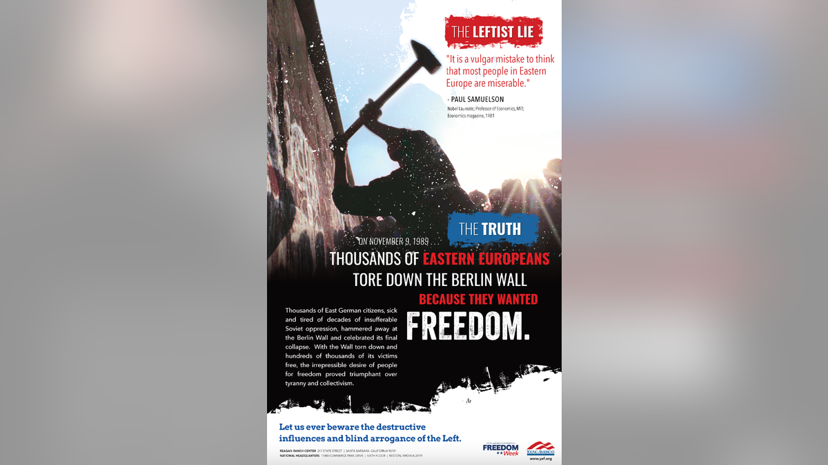 Flyer for Freedom Week, depicting man tearing down Berlin Wall