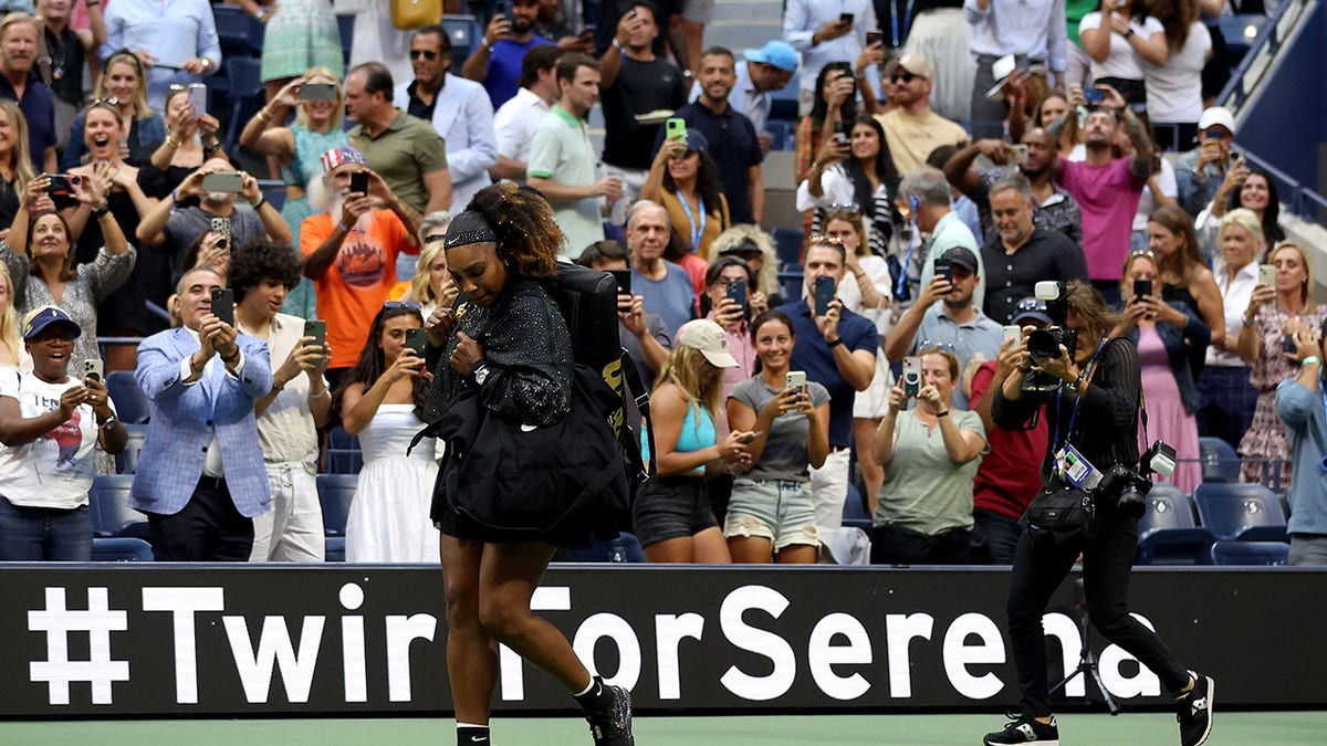 Serena Williams looks at crowd