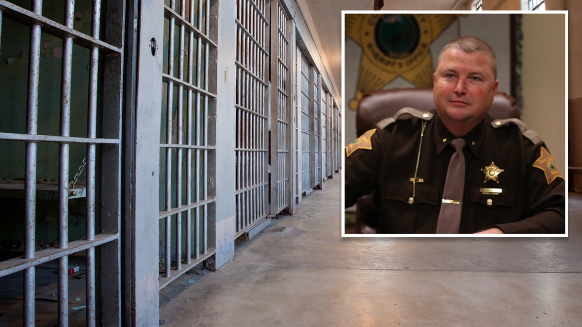 Sheriff sitting at his desk inset over jail cells