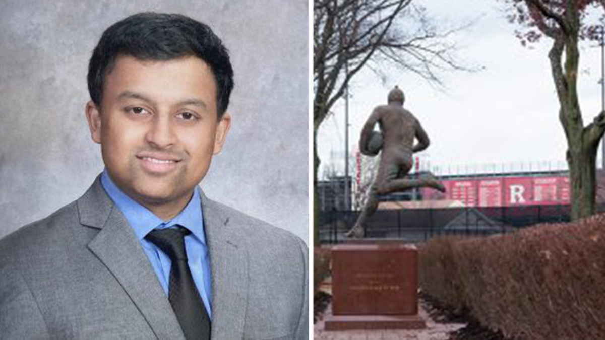 O3 Books founder Pathik Oza, at left; at right, a view of the football player sculpture on the Scarlet Walk at Rutgers University Busch Campus.